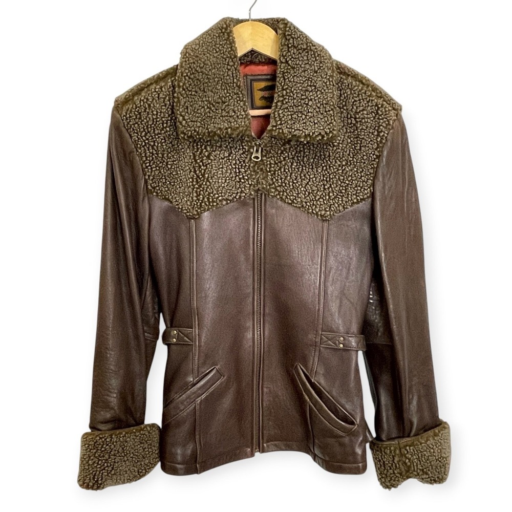 Vintage Fox Run Brown Leather Faux Shearling Jacket Womens XS Western Aviator